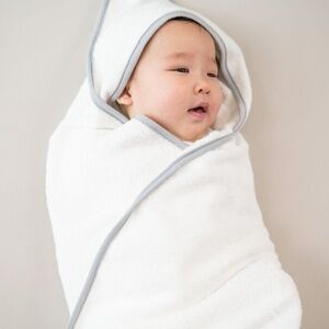 Kyte Hooded Bath Towel in Cloud with Storm Trim  Cozy White Hooded Baby Towel